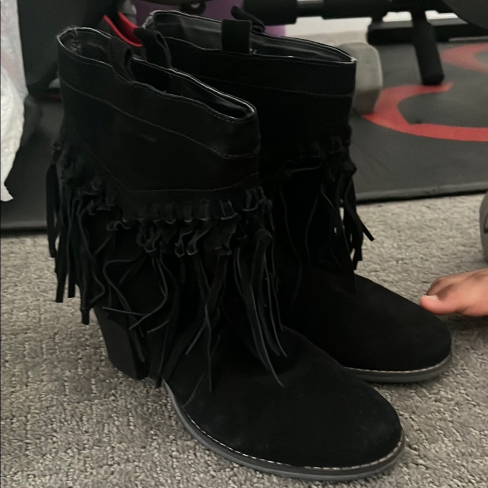 Sbicca Black Heeled Fringe Boots